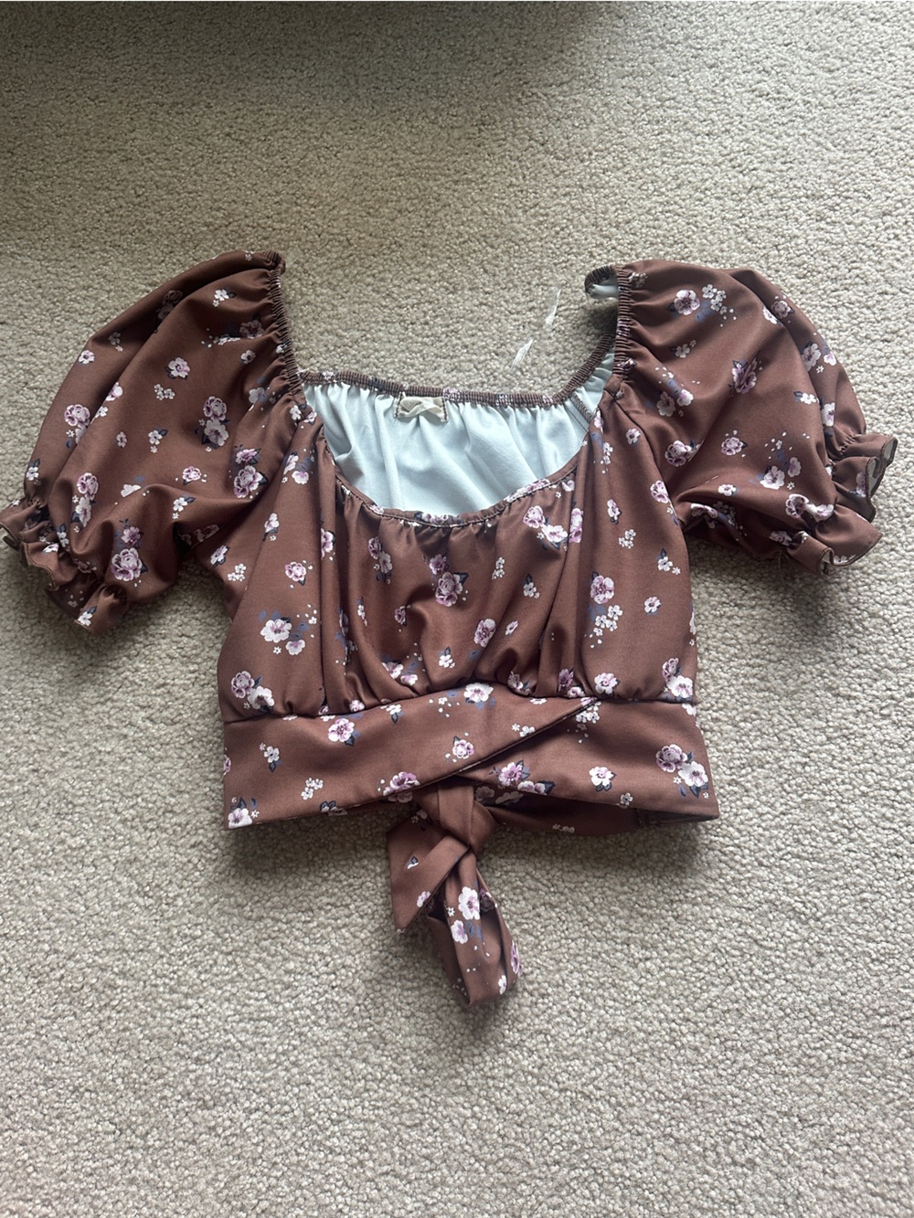 Altar'd State Brown Floral Puff-Sleeve Tie-Front Crop Top